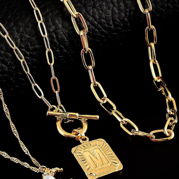 Layered Initial Necklaces Women 14K Gold Plated Brass Moon Square Pendants - Picture 4 of 9